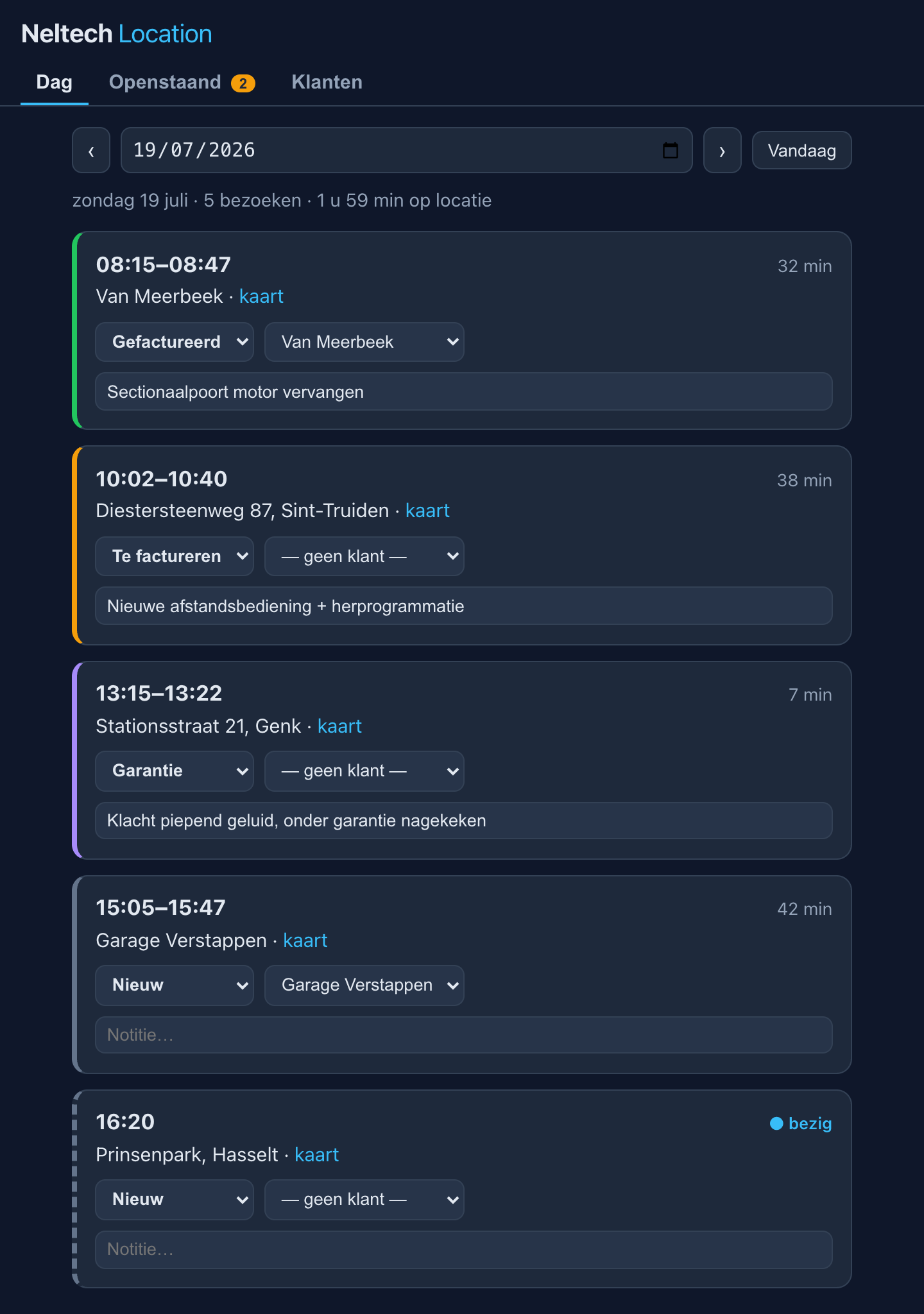 field visit log day view with demo visits: time, duration, address, invoicing status per stop